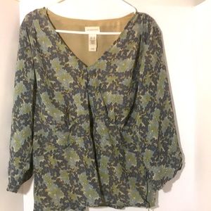 Liz Claiborne liberty floral long sleeve xl v neck cottage core green blue top